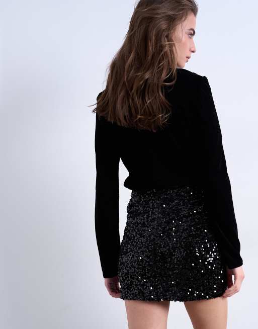 Topshop - Mini-jupe drapée à sequins en velours - Noir, 4 de 5