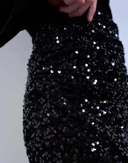 Topshop - Mini-jupe drapée à sequins en velours - Noir, 5 de 5