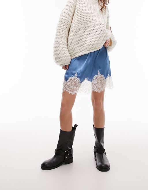 Topshop - Mini-jupe en satin bordée de dentelle style jupon avec nœud - Bleu, 4 de 5