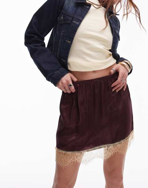 Topshop - Mini-jupe en satin et dentelle - Lie-de-vin et abricot - view 1