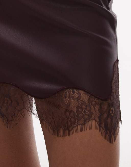Topshop - Mini-jupe en similicuir avec empiècement en dentelle - Bordeaux, 3 de 5