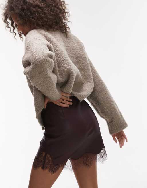 Topshop - Mini-jupe en similicuir avec empiècement en dentelle - Bordeaux, 4 de 5
