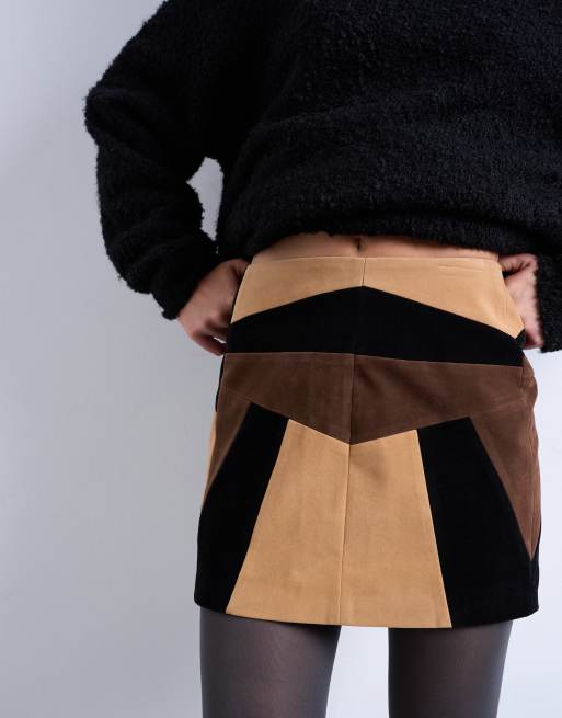 Topshop - Mini-jupe imitation daim à patchwork - Marron, 2 de 5