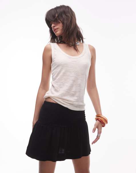 Topshop - Mini-jupe taille haute froncée sur les côtés en lin - Noir - view 1