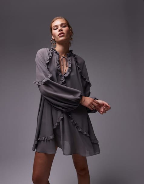 Topshop - Mini jurk met A-lijn en ruches in grijs - view 1
