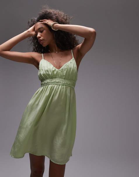 Topshop - Mini-jurk met acid wash en pand met smokwerk in groen - view 1