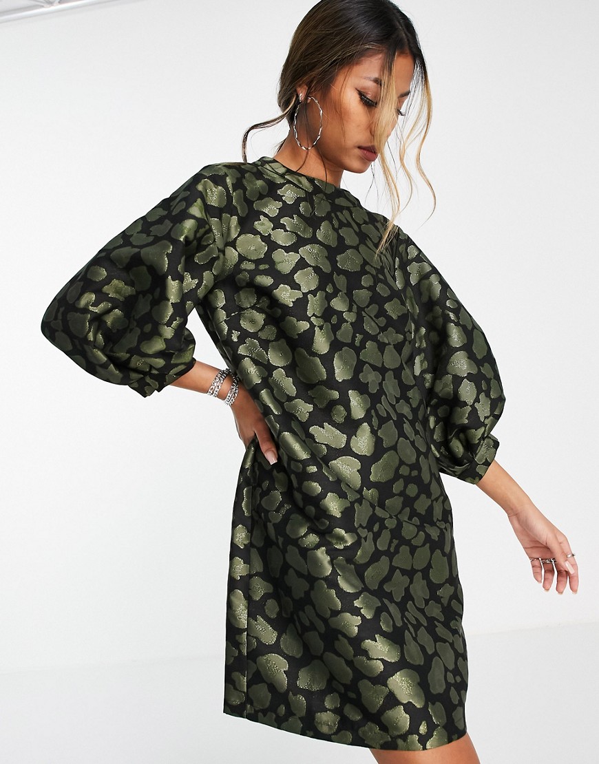 Topshop - Mini jurk met dierenprint in metallic jacquard in groen
