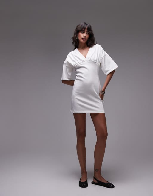 Topshop - Mini jurk met korte mouwen, V-hals en structuur in ivoorwit, 4 van 4