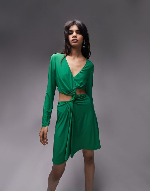 Topshop - Mini jurk met lange mouwen, gedraaide voorkant en uitsnijdingen in groen