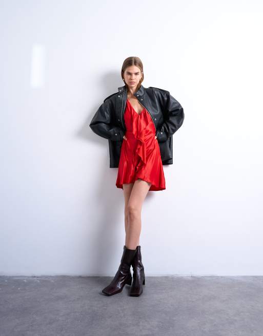 Topshop - Mini-jurk met onafgewerkte naden en ruches in rood, 2 van 4