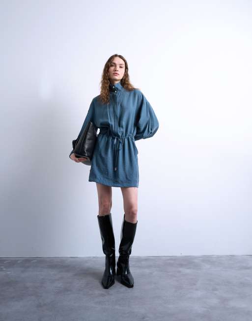 Topshop - Mini jurk met opstaande boord in blauw, 2 van 4