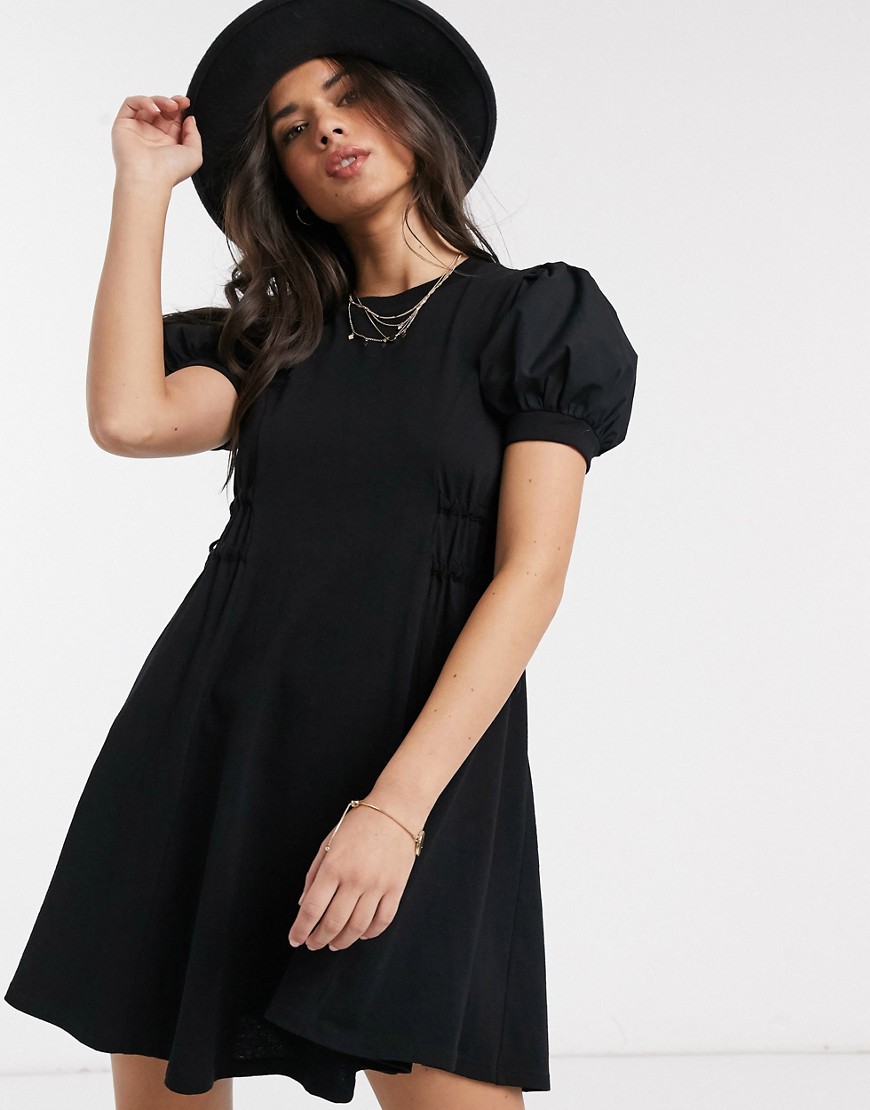 Topshop - Mini-jurk met poplin mouwen in zwart-Multi