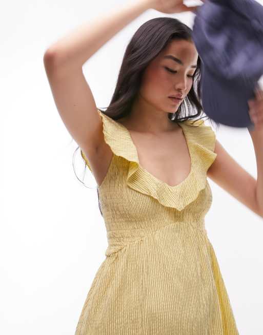 Topshop Mini jurk met smokwerk textuur ruches en bandjes in geel met strepen