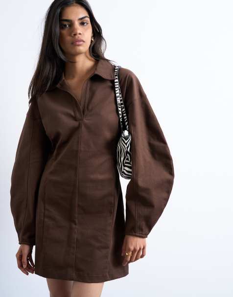 Topshop - Mini jurk met structuur en kraagje in donkerbruin - view 1