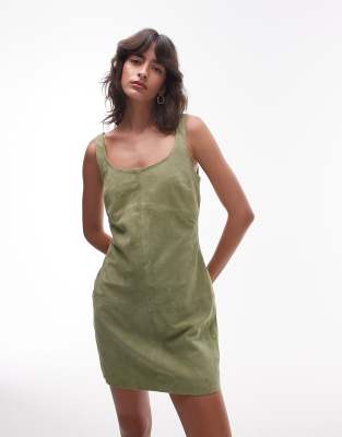 Topshop - Mini jurk van echt suède met naden in pastel olijfgroen - view 1