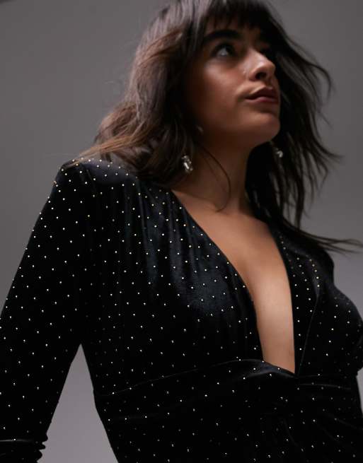 Topshop - Mini-jurk van fluweel met lange mouwen en studs in zwart , 2 van 4