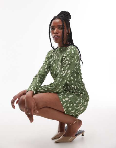 Topshop - Mini jurk van plissé met lange mouwen en dierenprint in groen - view 1