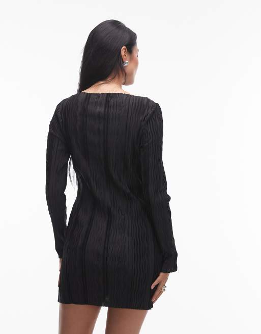 Topshop - Mini jurk van plissé met lange mouwen in zwart, 4 van 4