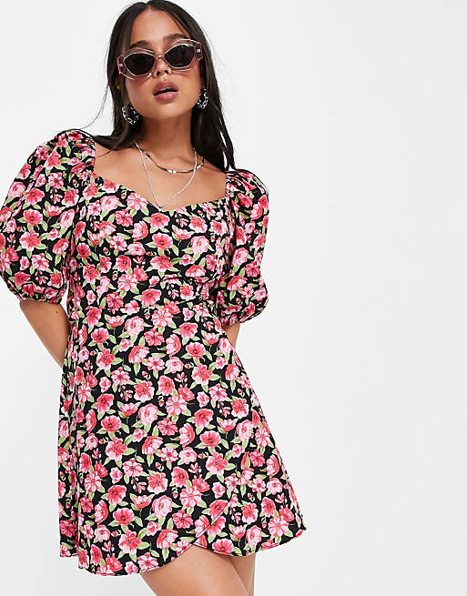 Topshop - Mini jurk van popeline met overslagtop in roze bloemenprint 