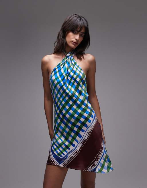 Topshop - Mini jurk van satijn met gestrikte hals in sjaalprint, 2 van 4