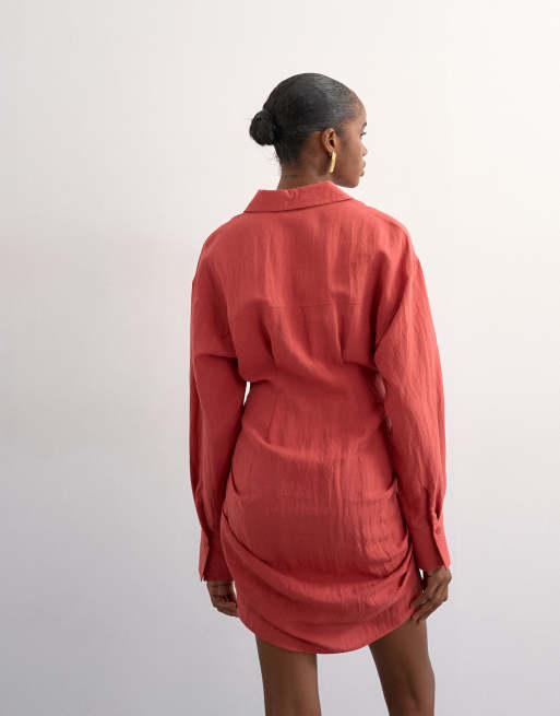 Topshop - Mini overhemdjurk met aangerimpelde rok in roestbruin, 4 van 4