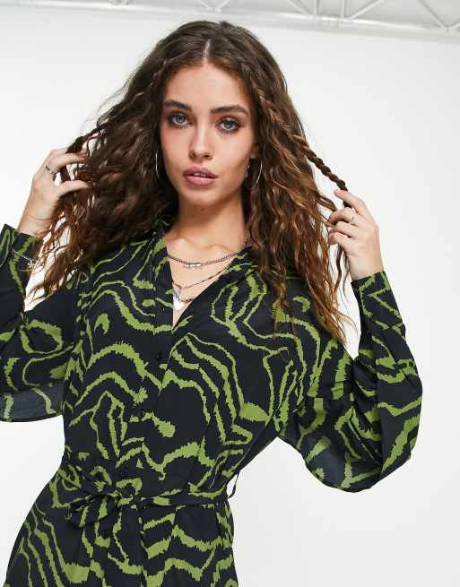 Topshop - Mini-overhemdjurk met dierenprint in groen, 2 van 4