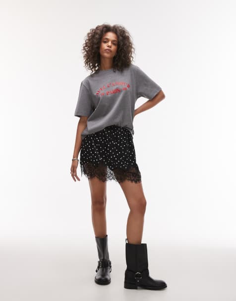Topshop - Mini petticoatrok van satijn en kant met stippen in zwart-wit - view 1