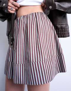 Model wearing Mini poplin skirt in brown and blue stripe