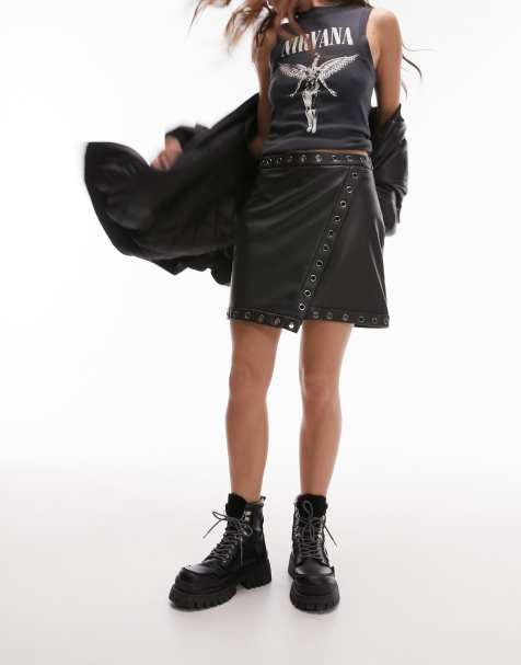 Topshop - Mini-rok met leerlook en metalen oogjes in zwart - view 1