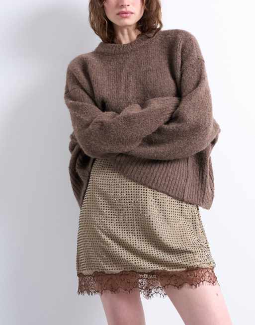 Topshop - Mini rok versierd met siersteentjes en kanten rand in bruin, 3 van 5