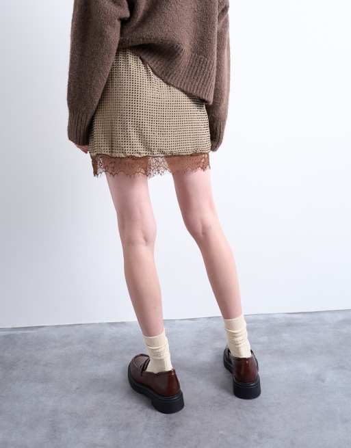 Topshop - Mini rok versierd met siersteentjes en kanten rand in bruin, 4 van 5