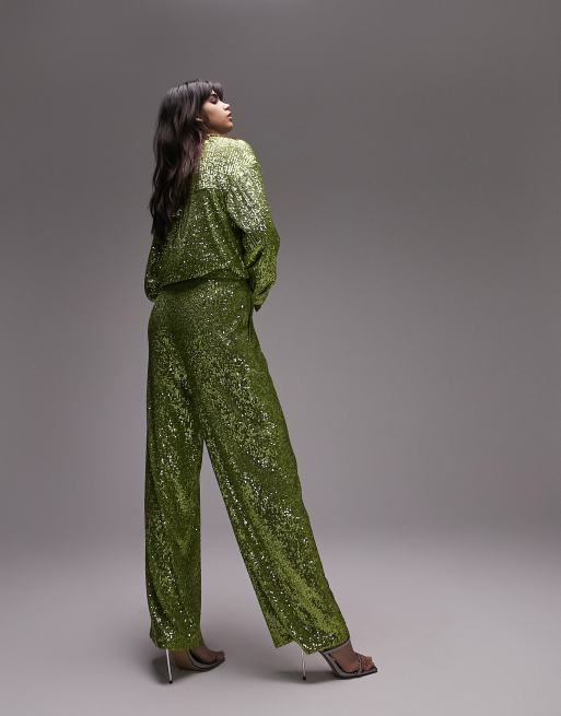 Topshop mini sequin slouch pants in kiwi (part of a set) , 2 of 4
