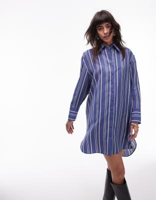 Topshop Mini Shirt Dress With Step Hem In Blue Stripe-multi