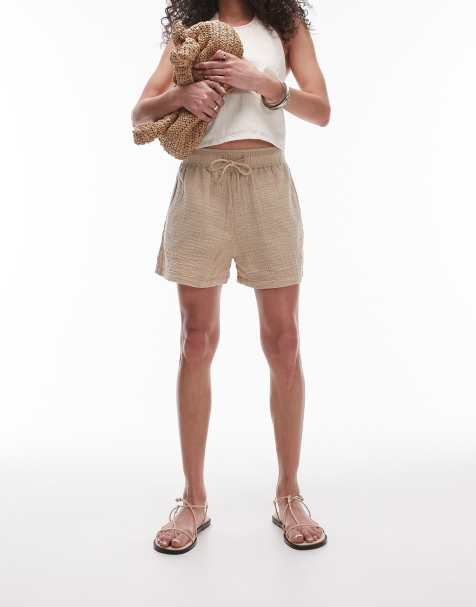 Topshop – Mini-Shorts aus grob gewebter Baumwolle in Camel - view 1