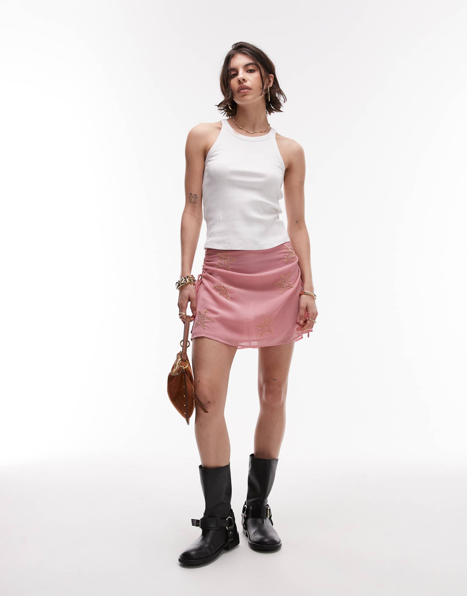 Мини-юбка Topshop розового цвета со звездным бисером
