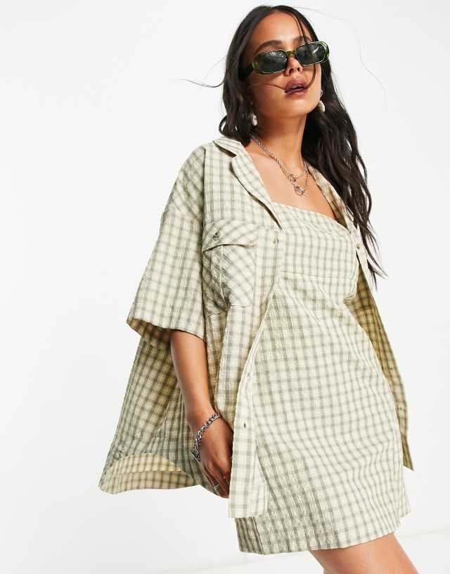 Topshop mini slip dress in safari khaki check