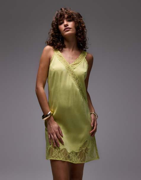 Topshop - Mini-slipdress met vintage kant in diep limoengroen - view 1