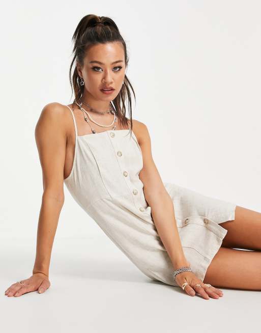 Topshop - Mini-slipdress van linnen met knopen in zandkleur