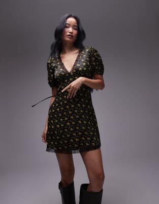 Topshop Floral Gathered Minidress In Black