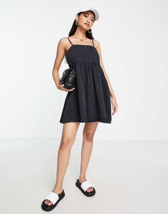 Topshop mini trapeze denim dress in washed black