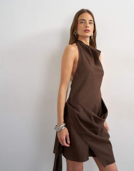 Topshop mini wikkeljurk met halternek in donkerbruin, 4 van 4