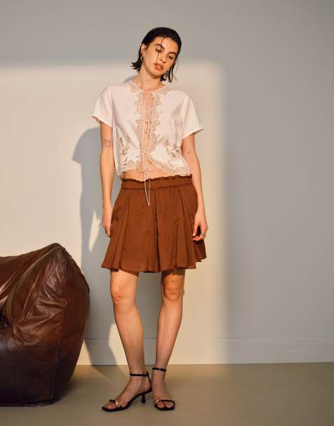 Topshop - Minigonna a godet vaporosa marrone in cotone - view 1
