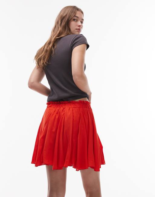 Topshop - Minigonna a godet vaporosa rossa in cotone, 4 di 5