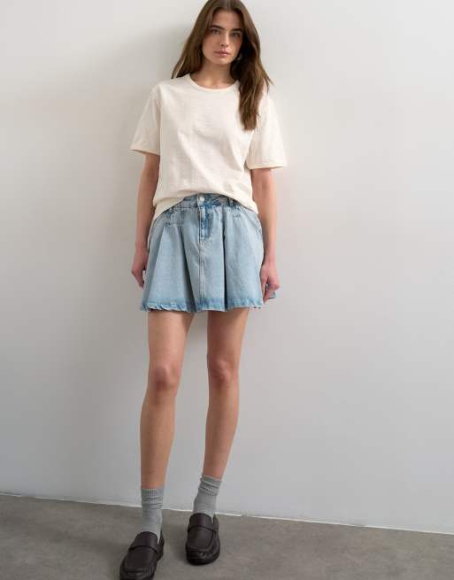 Topshop - Minigonna a pieghe in denim candeggiata, 5 di 5