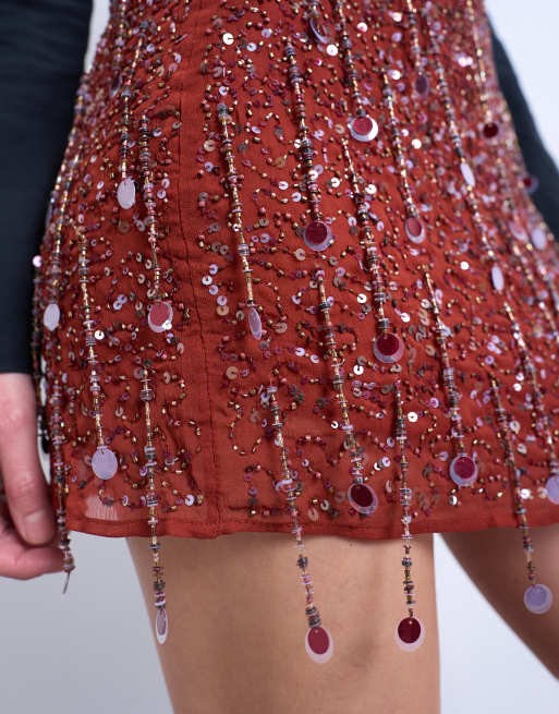 Topshop - Minigonna bordeaux con paillettes, 2 di 5