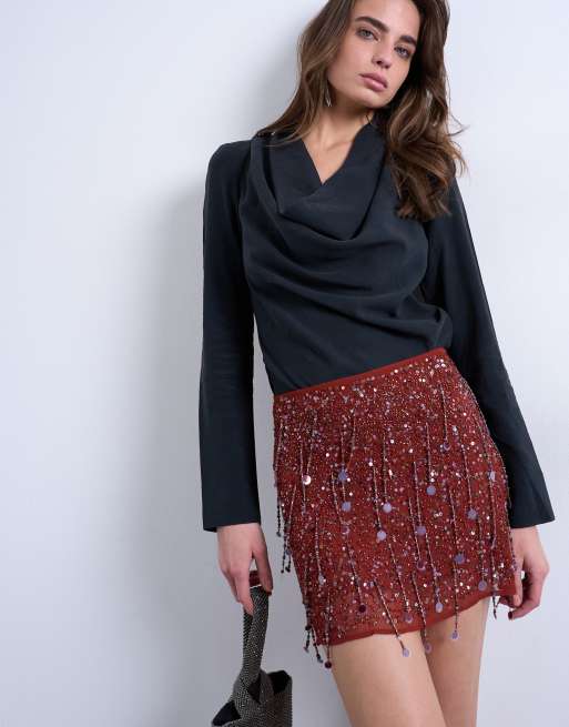 Topshop - Minigonna bordeaux con paillettes, 3 di 5