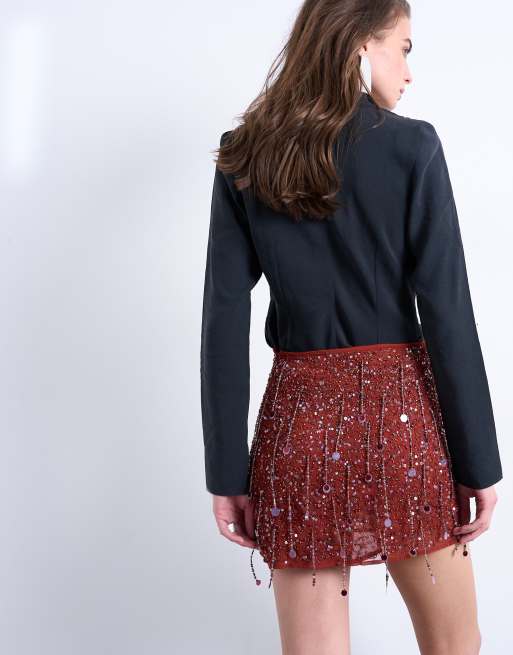 Topshop - Minigonna bordeaux con paillettes, 4 di 5
