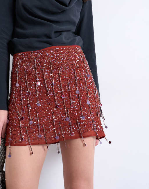 Topshop - Minigonna bordeaux con paillettes, 5 di 5