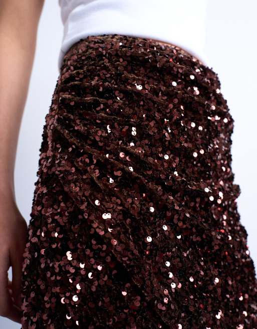 Topshop - Minigonna color cioccolato in velluto drappeggiata con paillettes