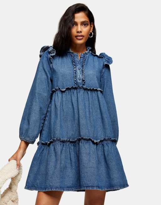 Topshop - Minigonna di jeans a balze con volant lavaggio blu medio